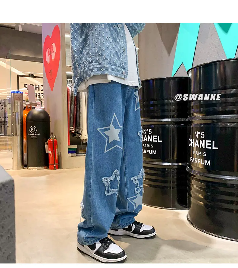 Men Embroidered Wide Leg Jeans Blue Denim — feature 5