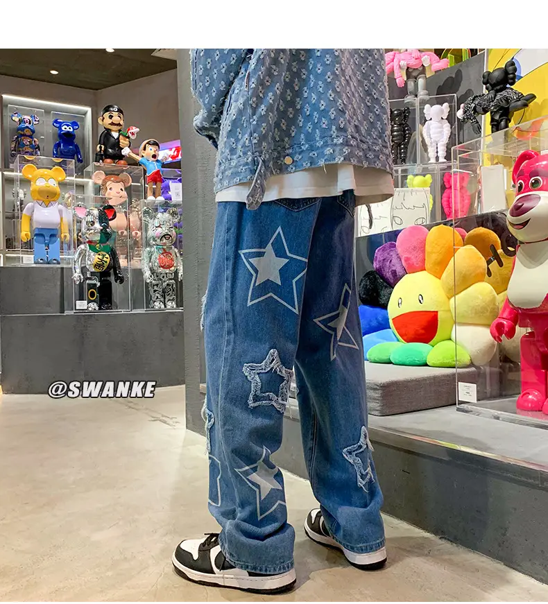 Men Embroidered Wide Leg Jeans Blue Denim — feature 7