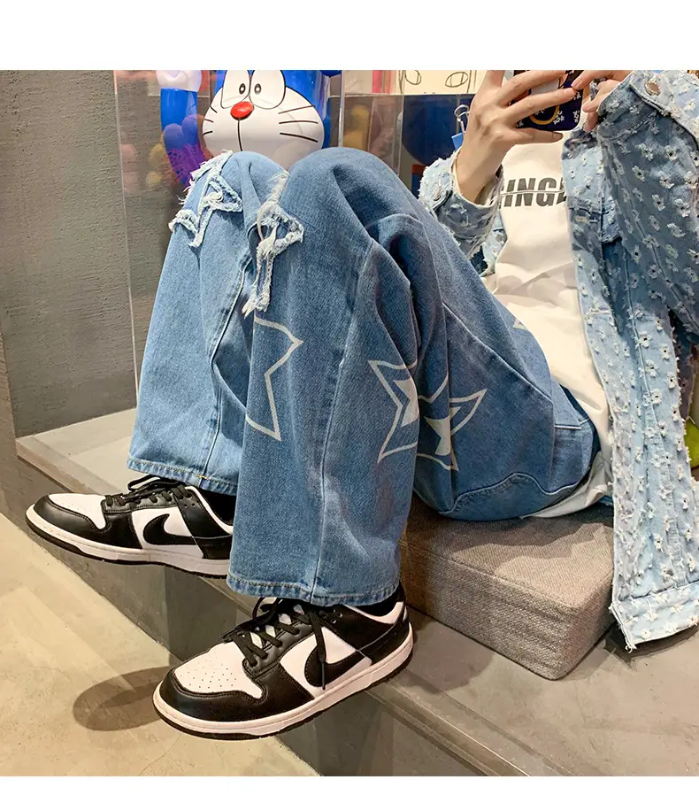 Men Embroidered Wide Leg Jeans Blue Denim — feature 8