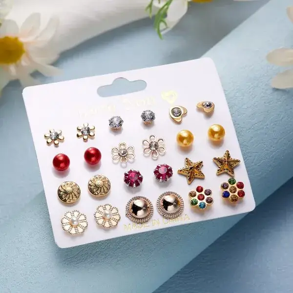 Gold Cross Earrings Set for Women European American Geometric Diamond Pearl Hollow Butterfly Earrings - Image 16