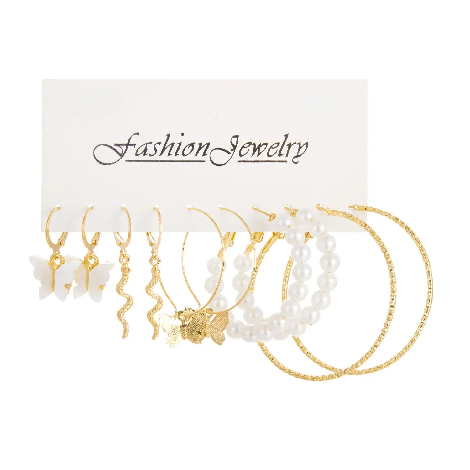Gold Cross Earrings Set for Women European American Geometric Diamond Pearl Hollow Butterfly Earrings - Image 2