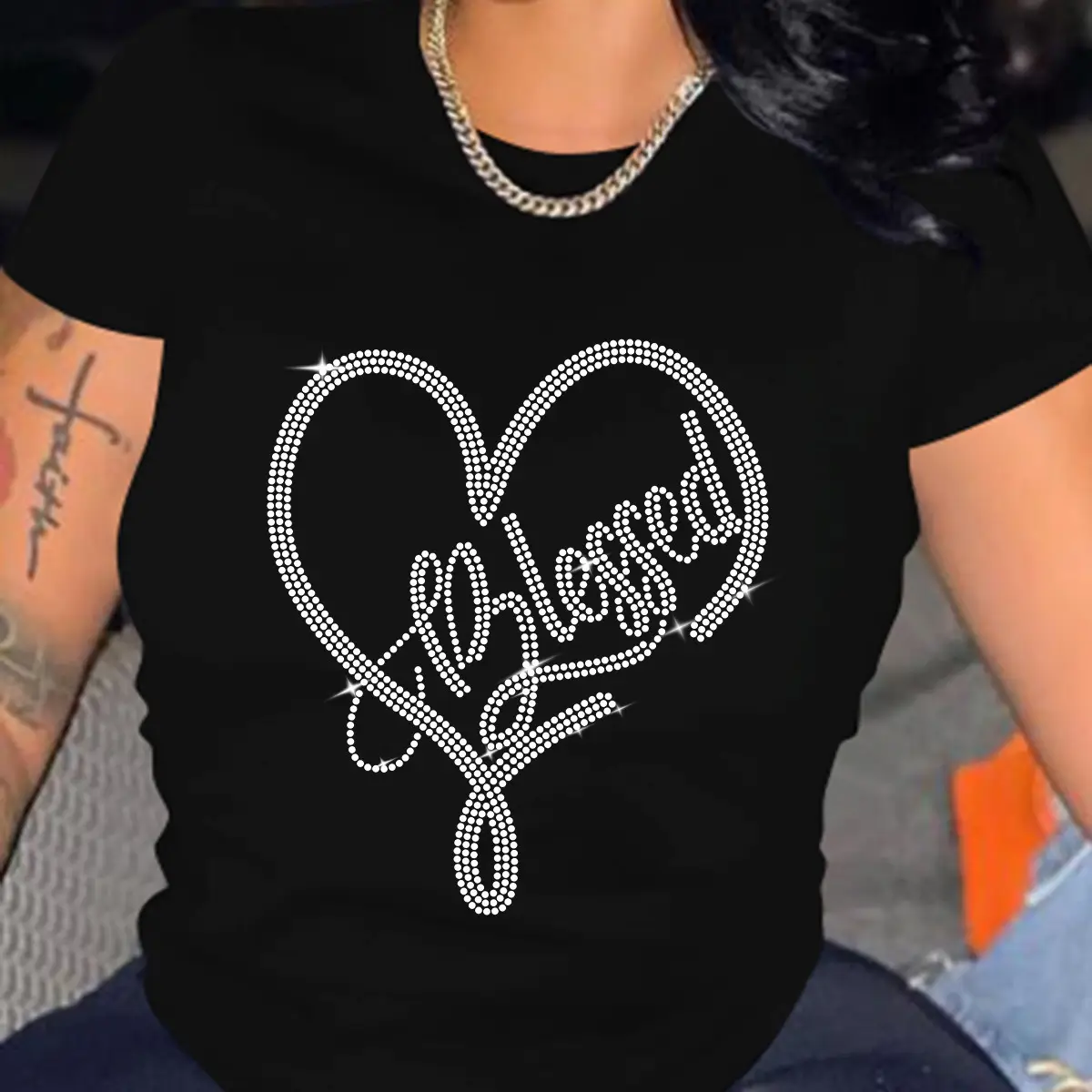 Black Heart Rhinestone Crew Neck T-Shirt