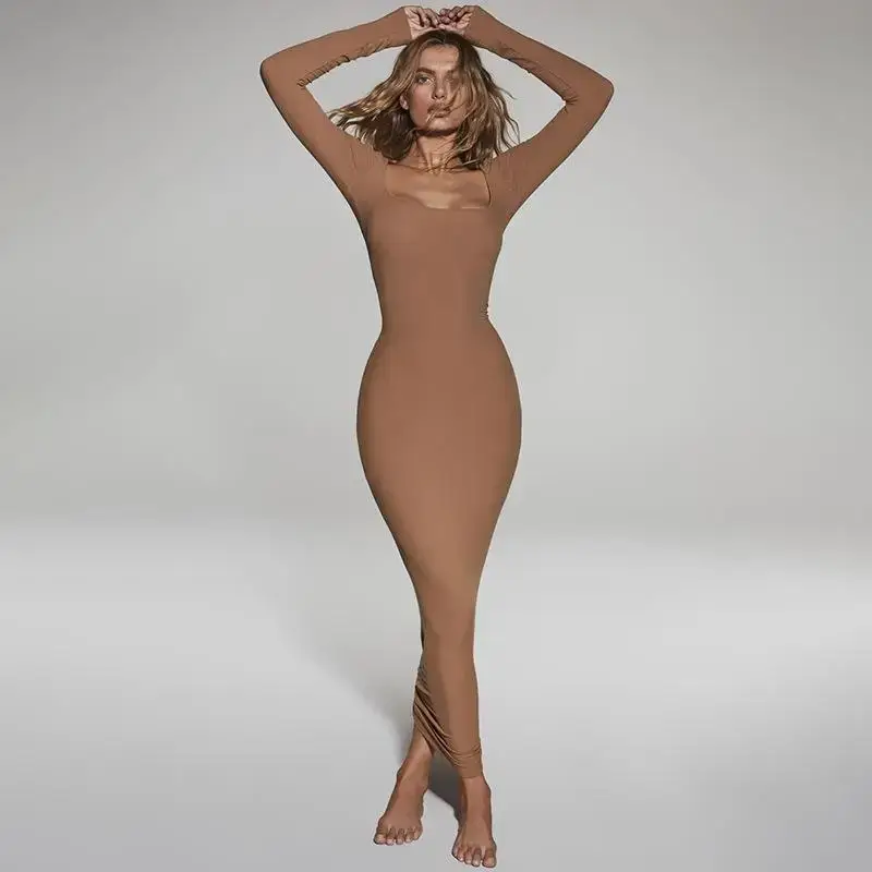 Women's Long Sleeve Square Collar A-Line Dress Skin Tone - Image 11