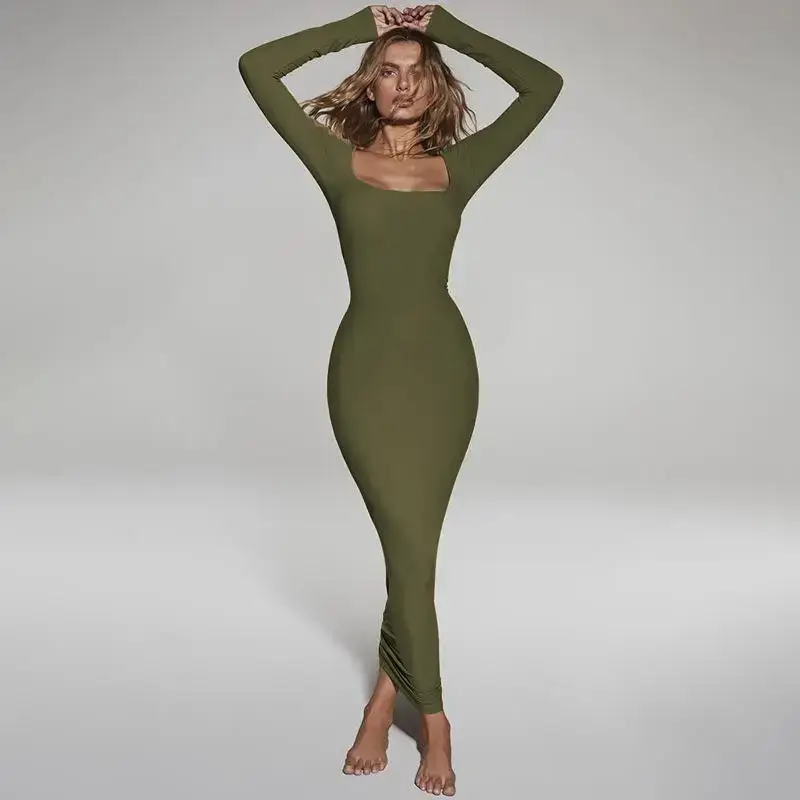 Women's Long Sleeve Square Collar A-Line Dress Skin Tone - Image 5