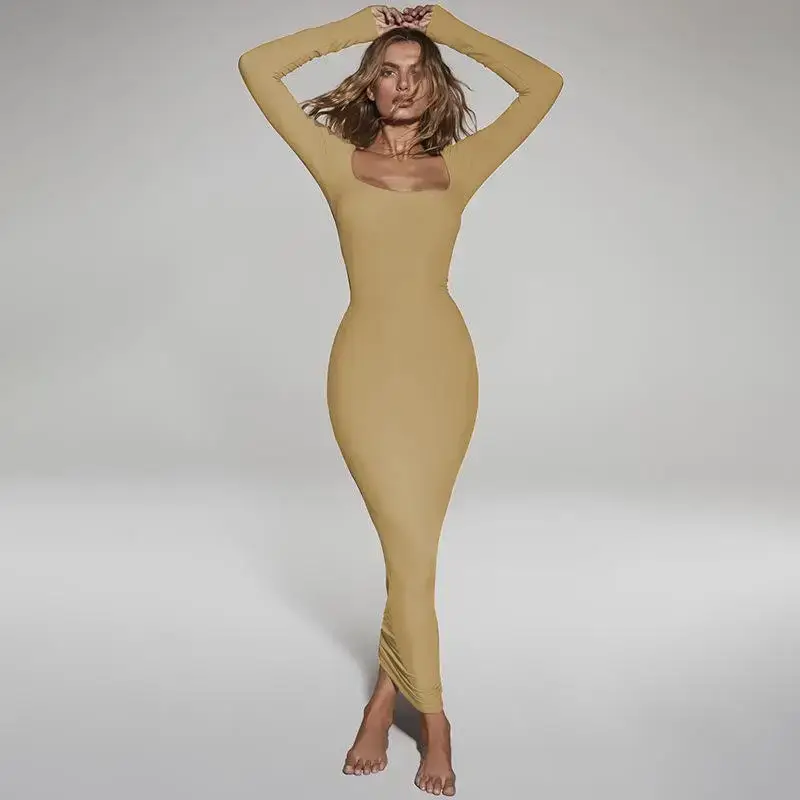 Women's Long Sleeve Square Collar A-Line Dress Skin Tone - Image 4