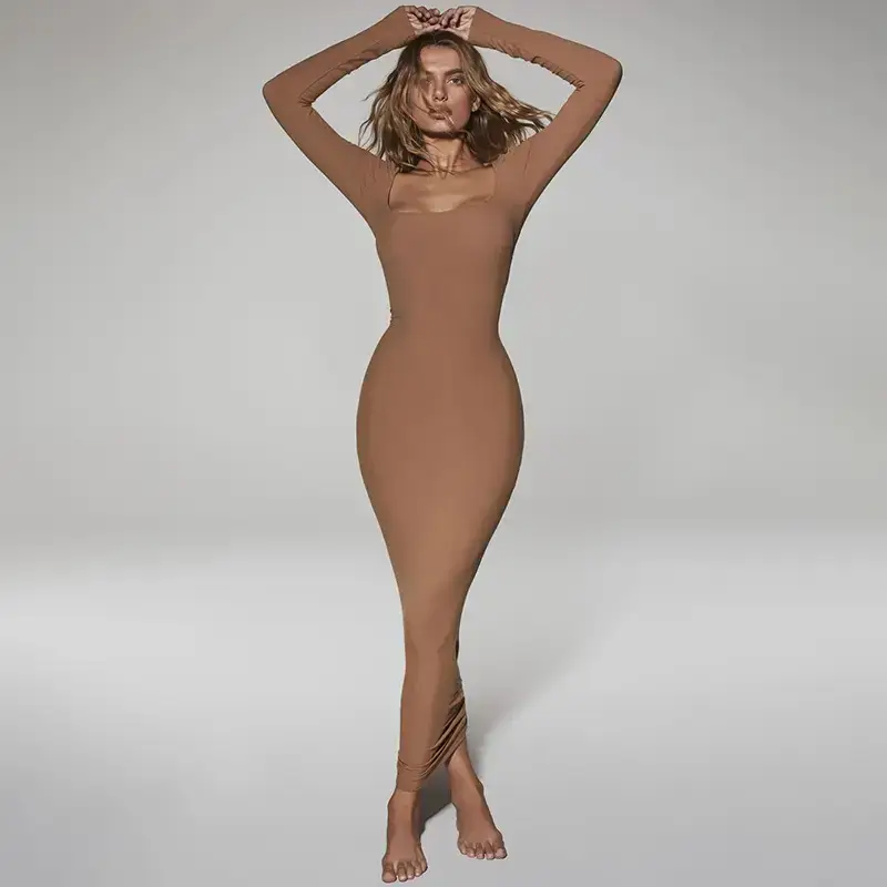 Women's Long Sleeve Square Collar A-Line Dress Skin Tone - Image 8
