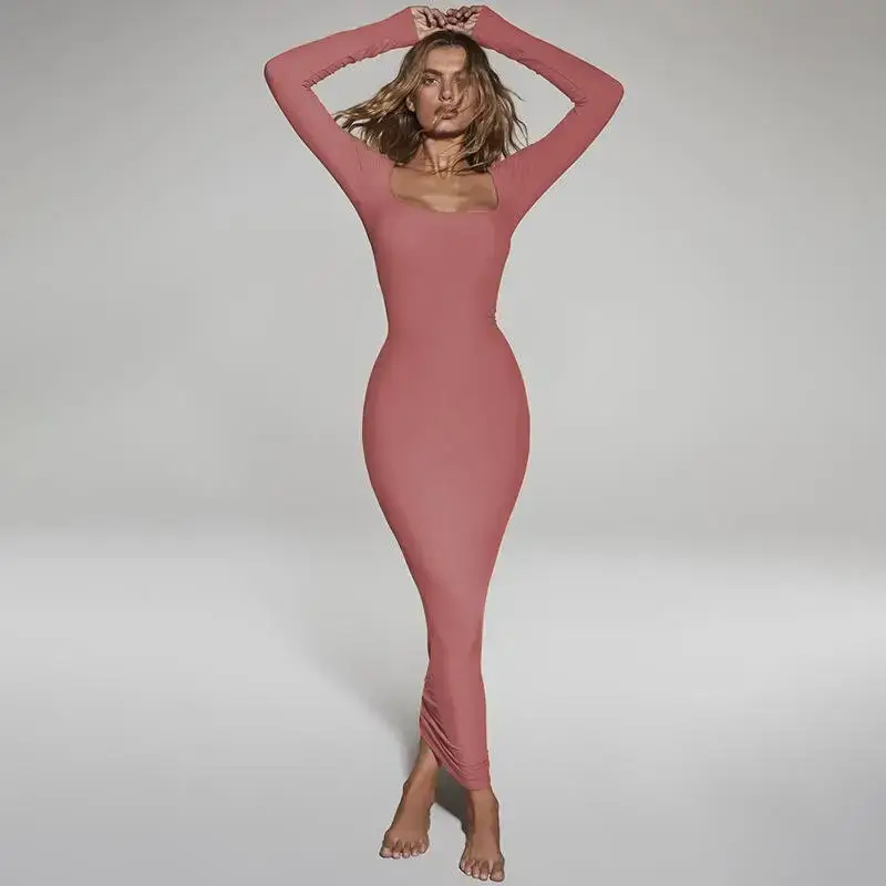 Women's Long Sleeve Square Collar A-Line Dress Skin Tone - Image 9