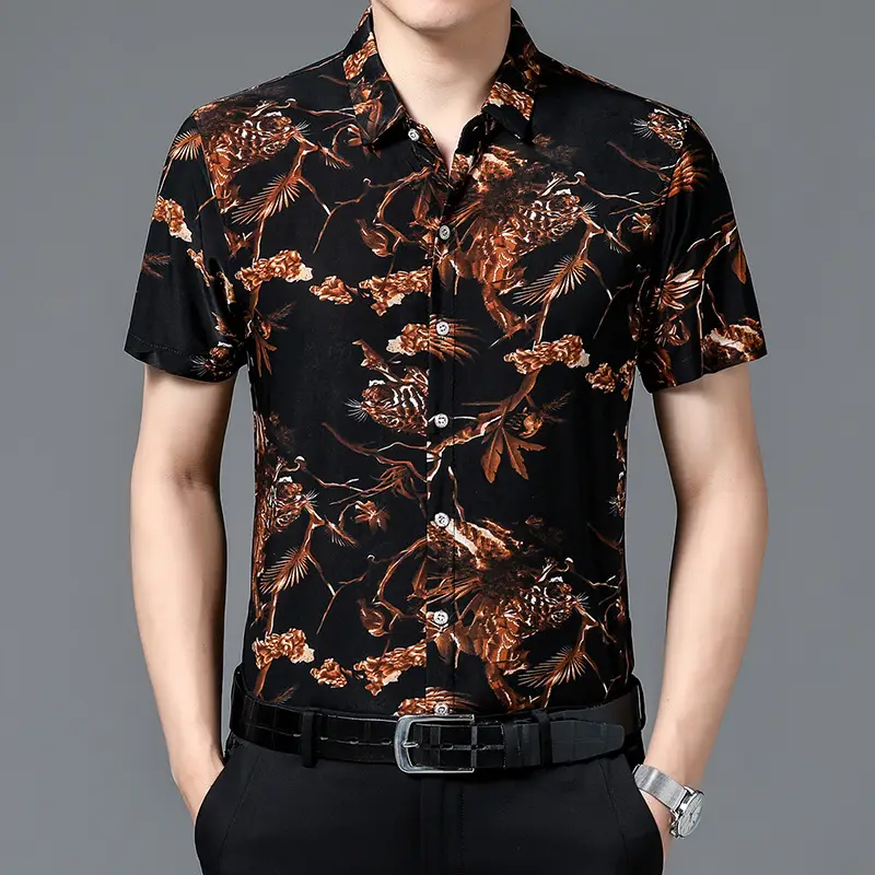 Men's Black Floral Short Sleeve Shirt with Belt