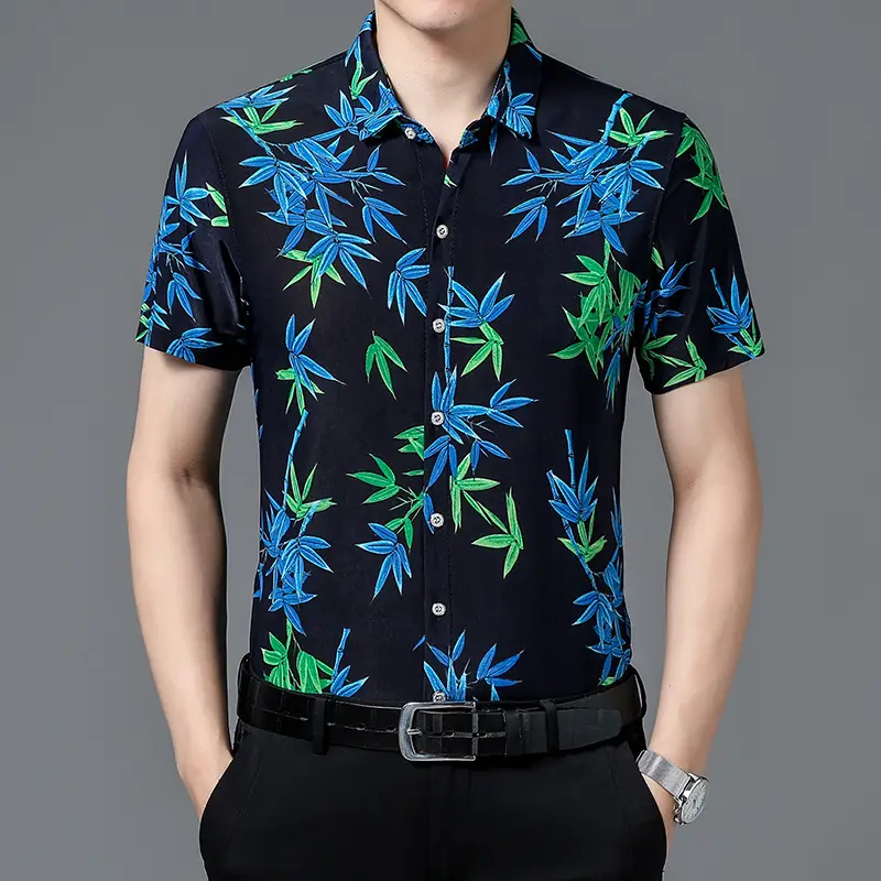 Men's Black Floral Short Sleeve Shirt with Belt