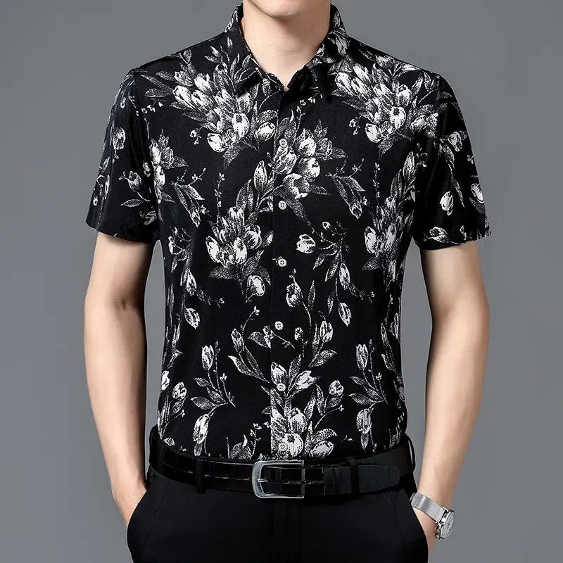 Men's Black Floral Short Sleeve Shirt with Belt