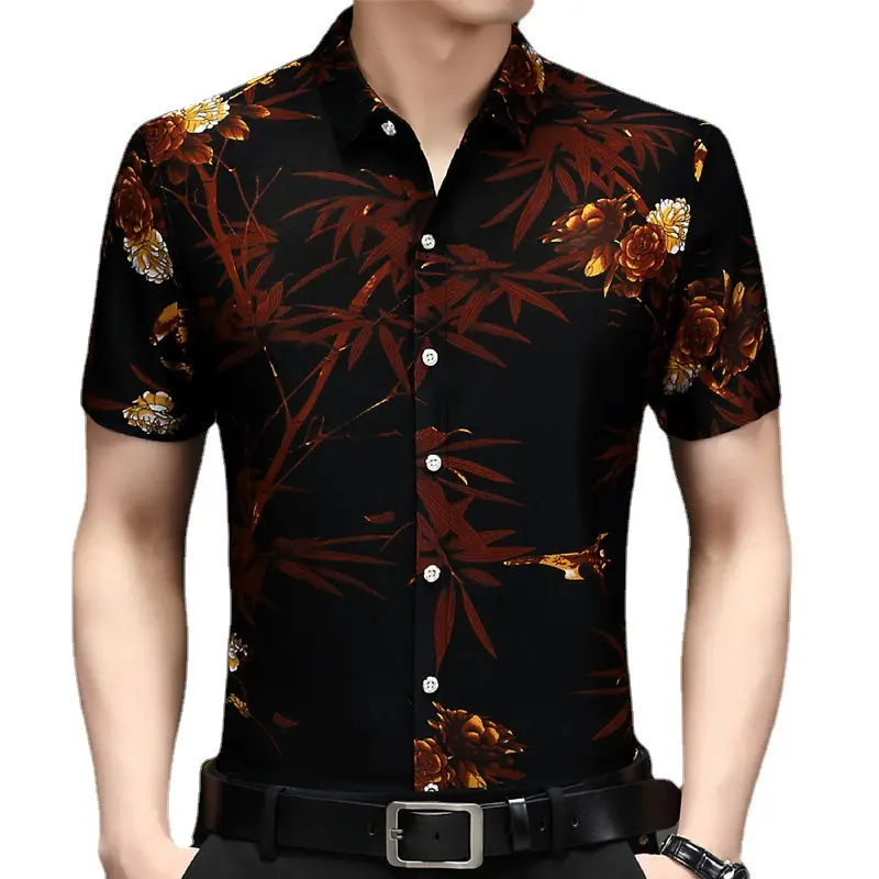Men's Black Floral Short Sleeve Shirt with Belt