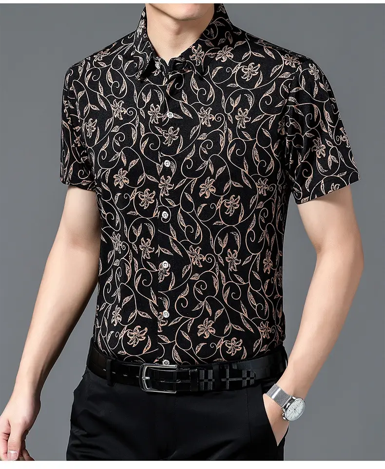 Men's Black Floral Short Sleeve Shirt with Belt — feature 10