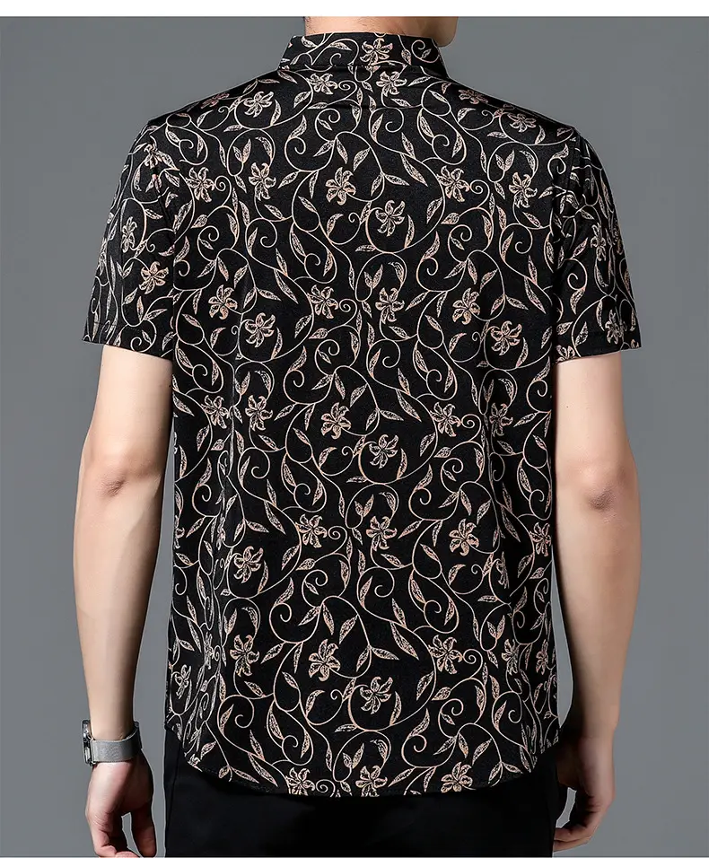 Men's Black Floral Short Sleeve Shirt with Belt — feature 11