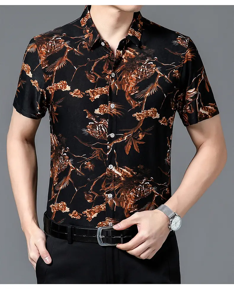 Men's Black Floral Short Sleeve Shirt with Belt — feature 17