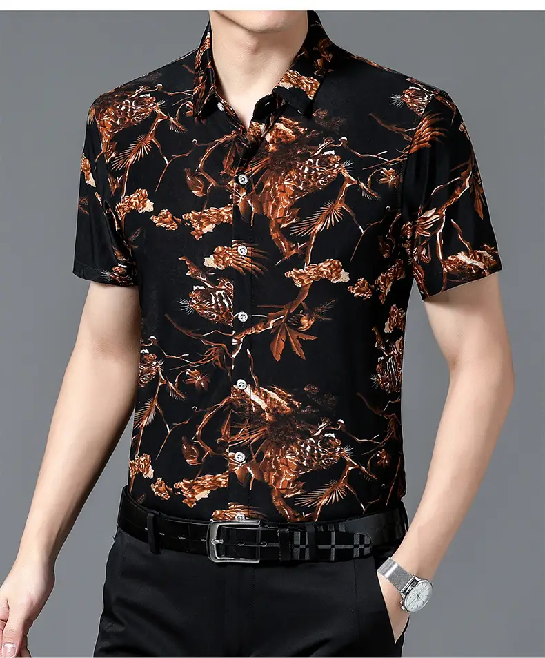 Men's Black Floral Short Sleeve Shirt with Belt — feature 18
