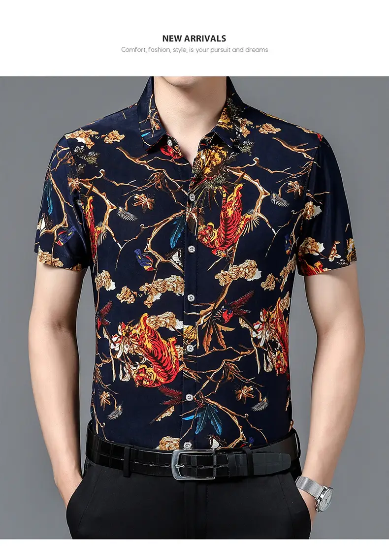Men's Black Floral Short Sleeve Shirt with Belt — feature 19