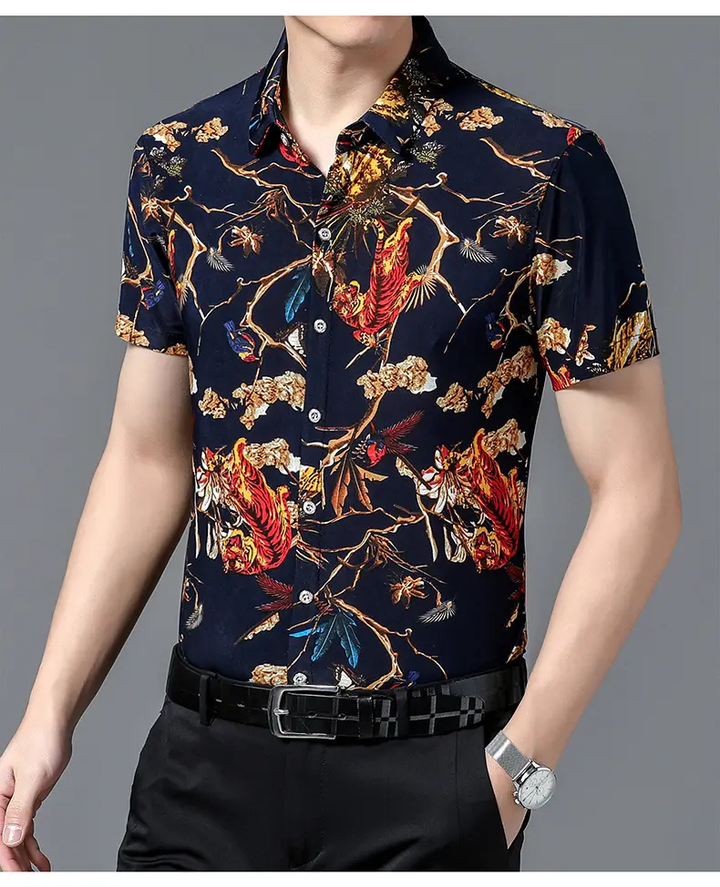 Men's Black Floral Short Sleeve Shirt with Belt — feature 20