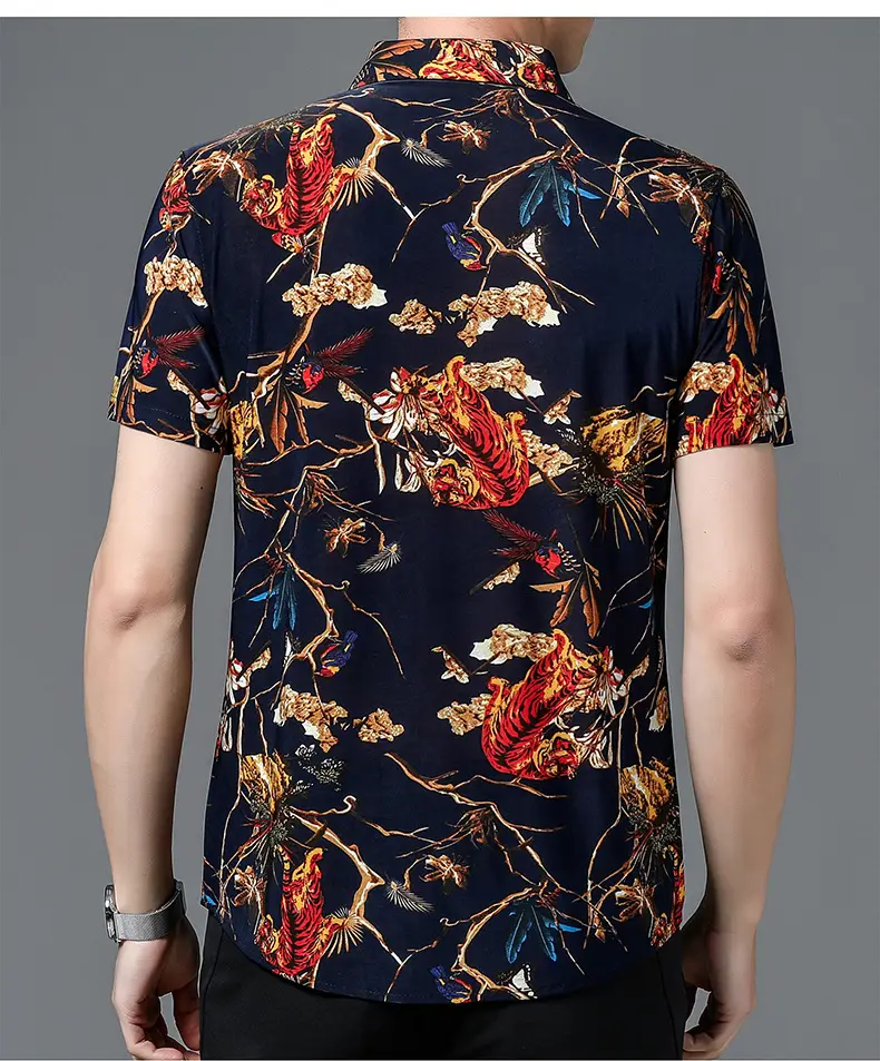 Men's Black Floral Short Sleeve Shirt with Belt — feature 21