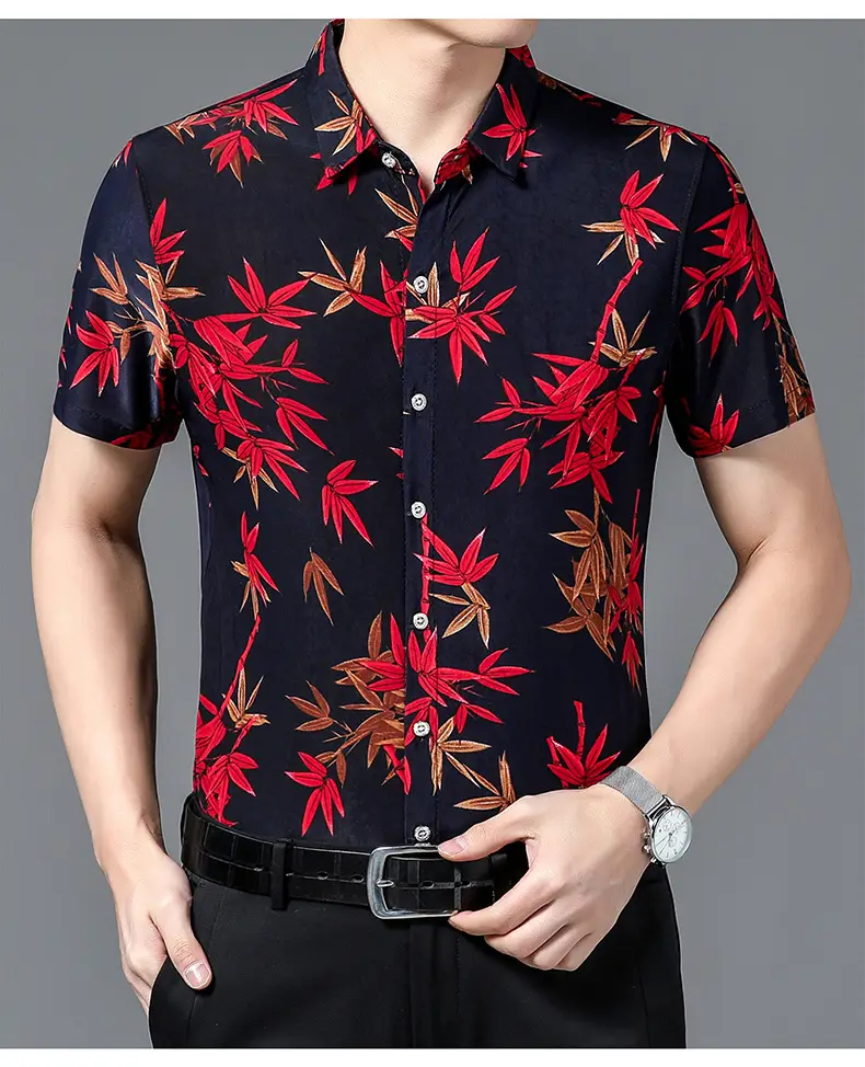 Men's Black Floral Short Sleeve Shirt with Belt — feature 26
