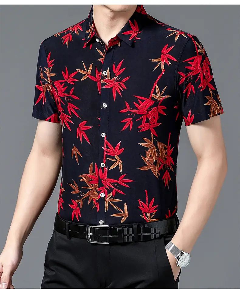Men's Black Floral Short Sleeve Shirt with Belt — feature 27