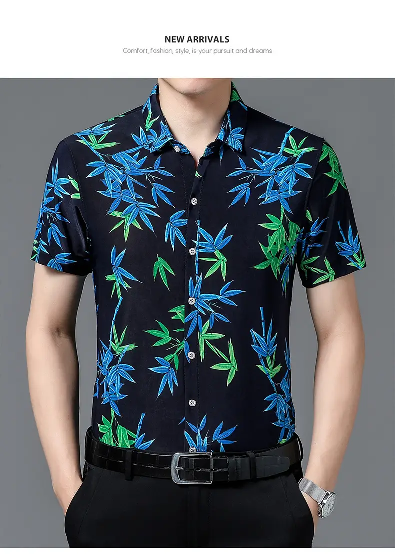 Men's Black Floral Short Sleeve Shirt with Belt — feature 28