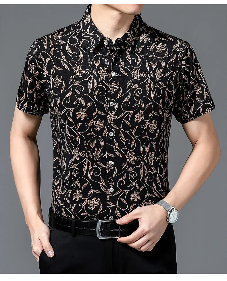 Men's Black Floral Short Sleeve Shirt with Belt — feature 9