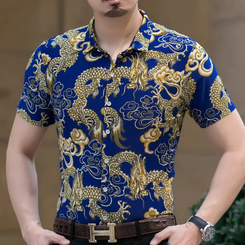 Men's Black Floral Short Sleeve Shirt with Belt