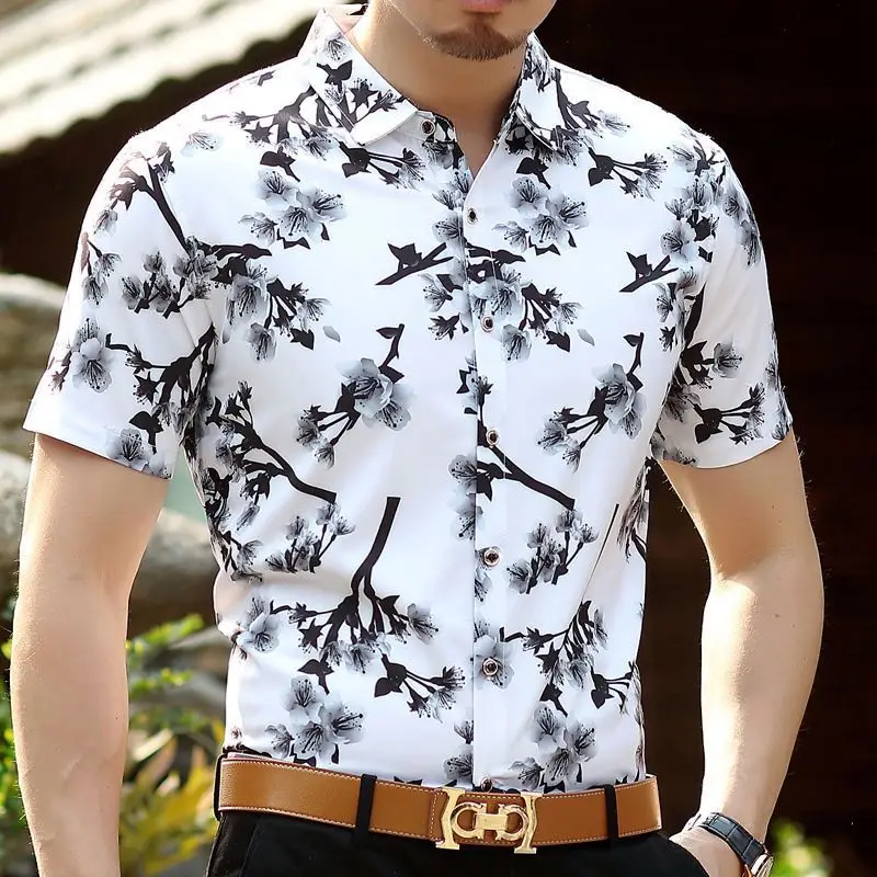 Men's Black Floral Short Sleeve Shirt with Belt