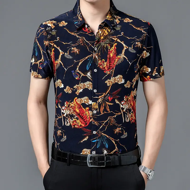 Men's Black Floral Short Sleeve Shirt with Belt