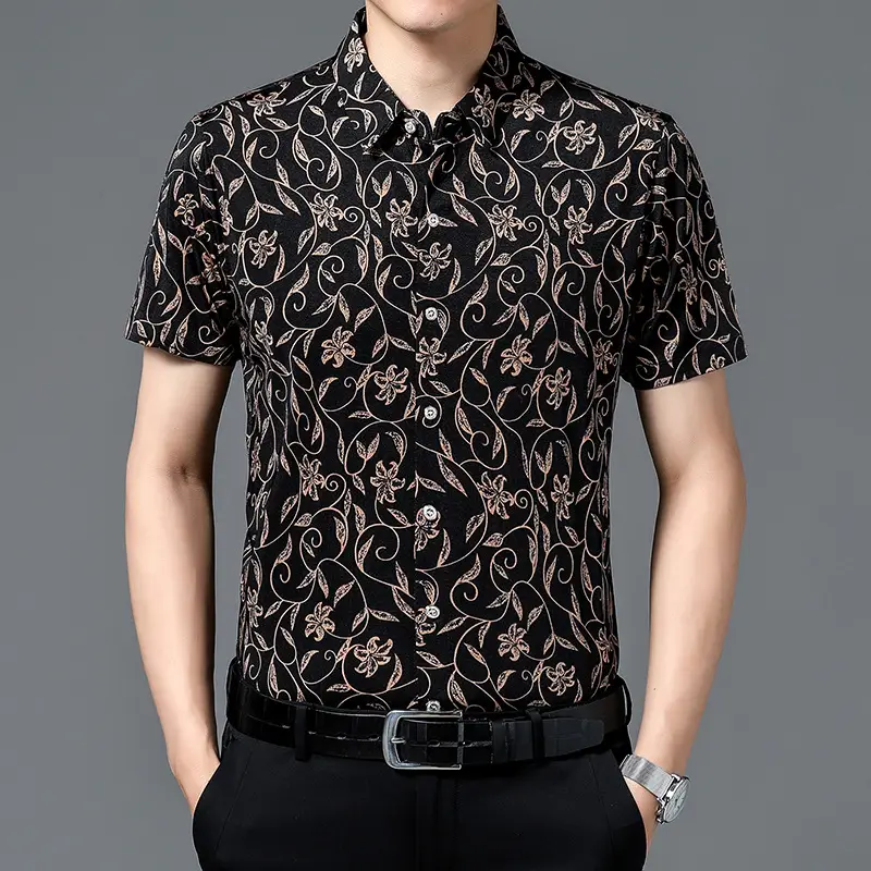 Men's Black Floral Short Sleeve Shirt with Belt