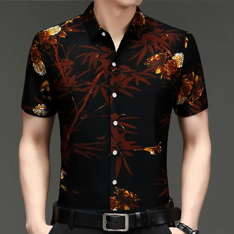 Men's Black Floral Short Sleeve Shirt with Belt
