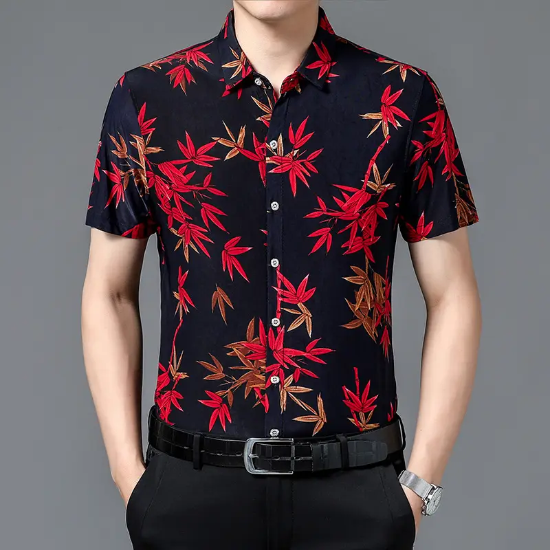 Men's Black Floral Short Sleeve Shirt with Belt
