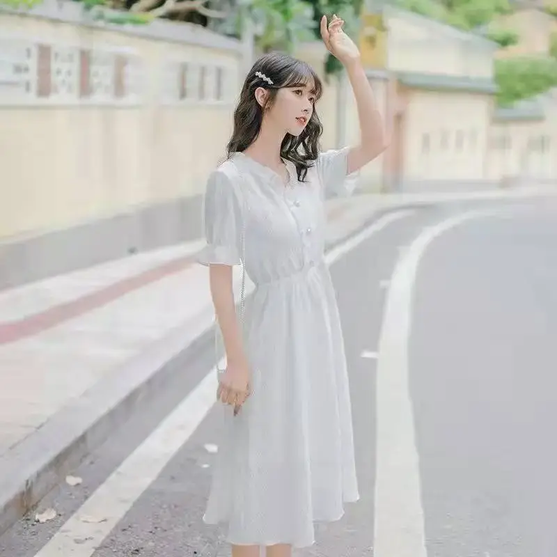 White Puff Sleeve Floral Dress Summer New Elegant Gentle Fairy Skirt - Image 3