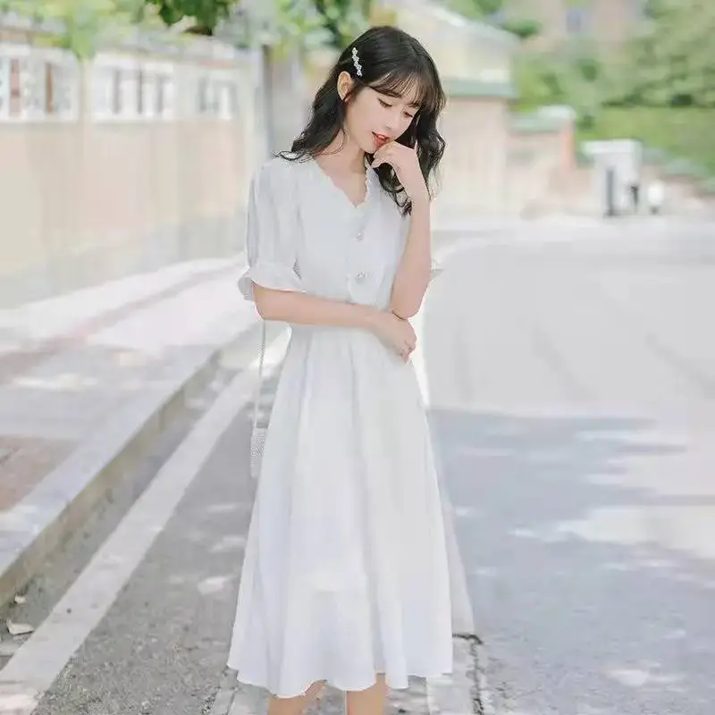 White Puff Sleeve Floral Dress Summer New Elegant Gentle Fairy Skirt - Image 4