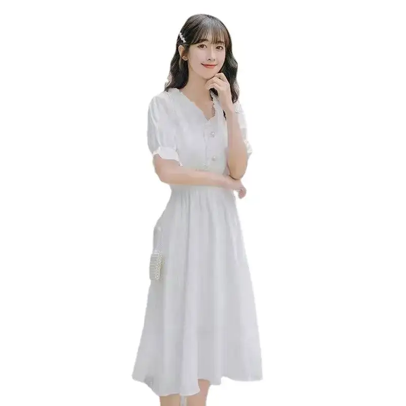 White Puff Sleeve Floral Dress Summer New Elegant Gentle Fairy Skirt - Image 6