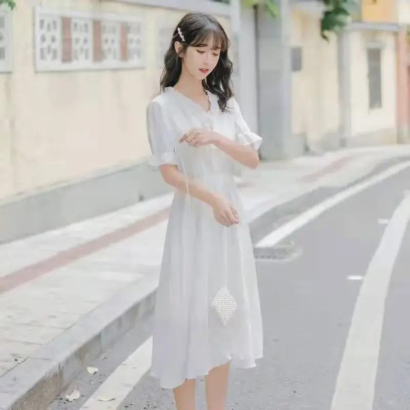 White Puff Sleeve Floral Dress Summer New Elegant Gentle Fairy Skirt — feature 10