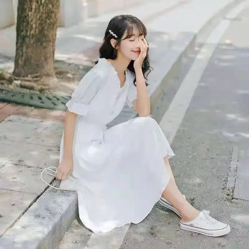 White Puff Sleeve Floral Dress Summer New Elegant Gentle Fairy Skirt — feature 11