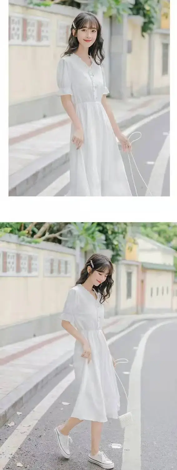 White Puff Sleeve Floral Dress Summer New Elegant Gentle Fairy Skirt — feature 4