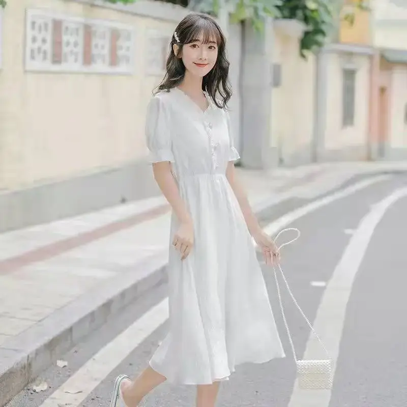 White Puff Sleeve Floral Dress Summer New Elegant Gentle Fairy Skirt — feature 5