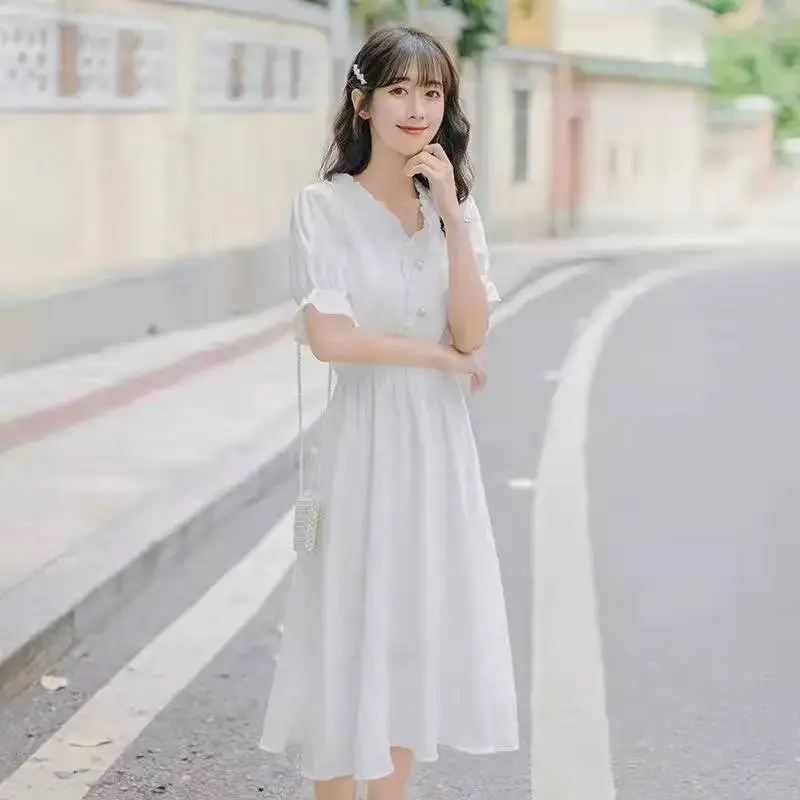 White Puff Sleeve Floral Dress Summer New Elegant Gentle Fairy Skirt — feature 7