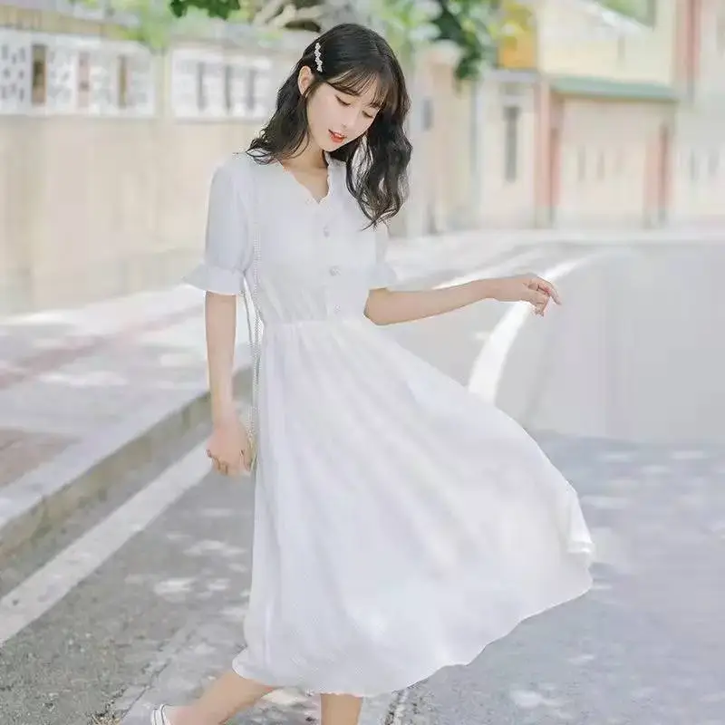White Puff Sleeve Floral Dress Summer New Elegant Gentle Fairy Skirt — feature 9