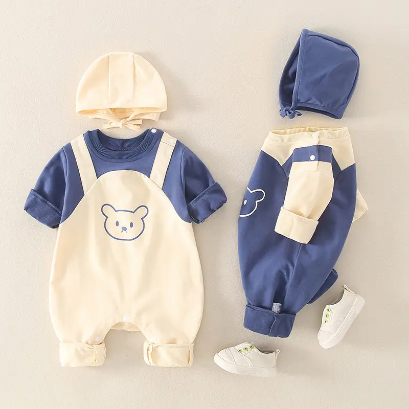 Baby Blue Bear Print Cotton Romper Set for Boys