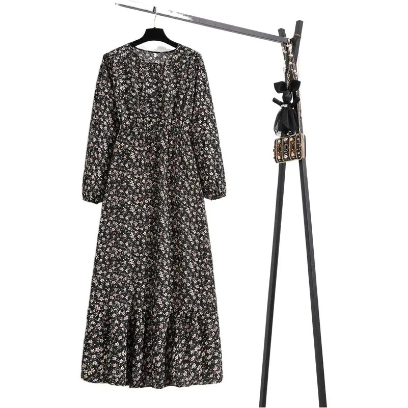 Women's Vintage Chiffon Floral Long Dress High Waist