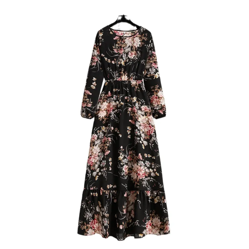 Women Floral Puff Sleeve Waist Dress Spring Autumn - Image 28