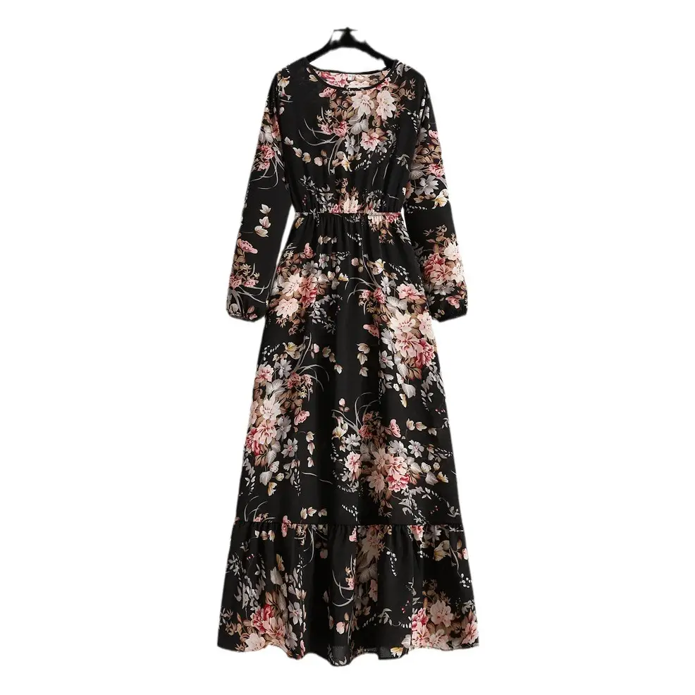 Women Floral Puff Sleeve Waist Dress Spring Autumn