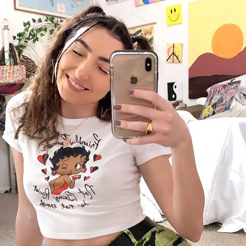 Women Cartoon Print Slim Fit T-Shirt White