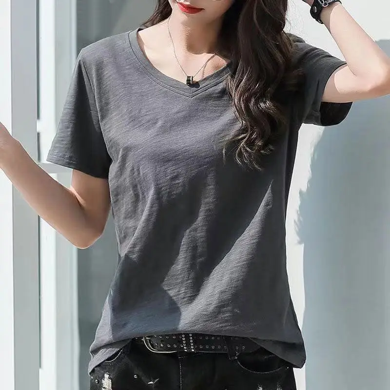100 Slub Cotton V-neck T-shirt Women Summer Loose Plus Size - Image 4