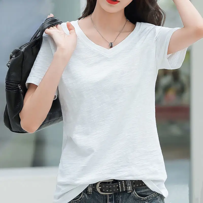 100 Slub Cotton V-neck T-shirt Women Summer Loose Plus Size - Image 2