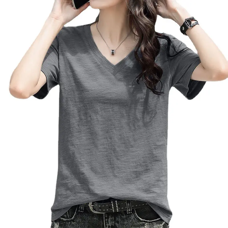 100 Slub Cotton V-neck T-shirt Women Summer Loose Plus Size - Image 5