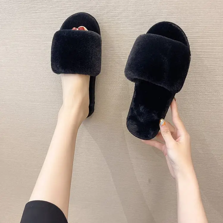 Autumn and Winter Plush Fashion Home Indoor Internet Celebrity Plush Cotton Slippers for Women Outer Wear Flats Non-Slip Ins Trbottomy Slippers